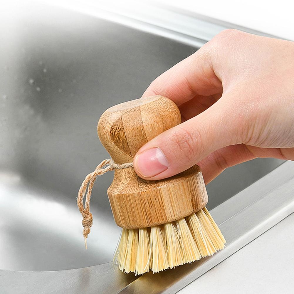 mDesign Bamboo Mini Kitchen Palm Dish Scrubber Brush with Holder