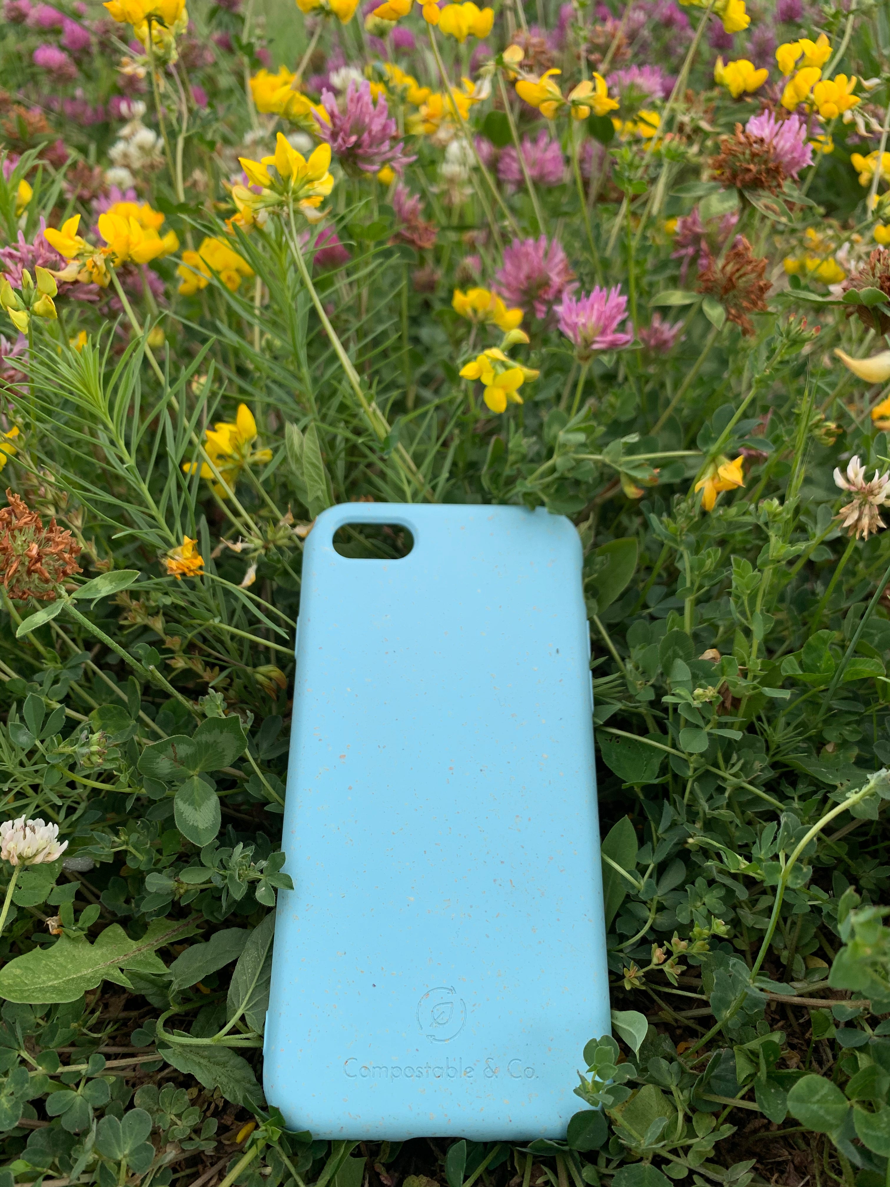 Compostable & Co. iPhone 7 / 8 / SE 2020 blue biodegradable phone case in natural background